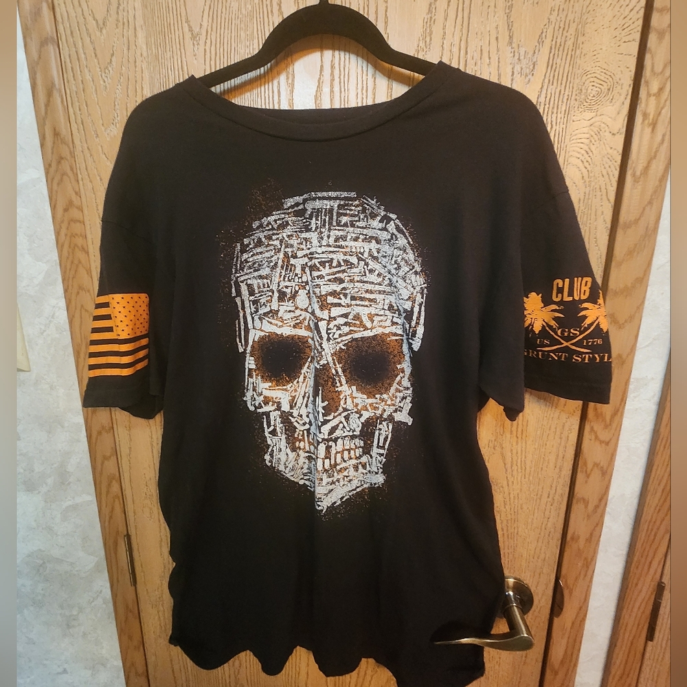 Grunt Style Gun Skull Black T-Shirt Mens Size Large Black Orange 100% Cotton